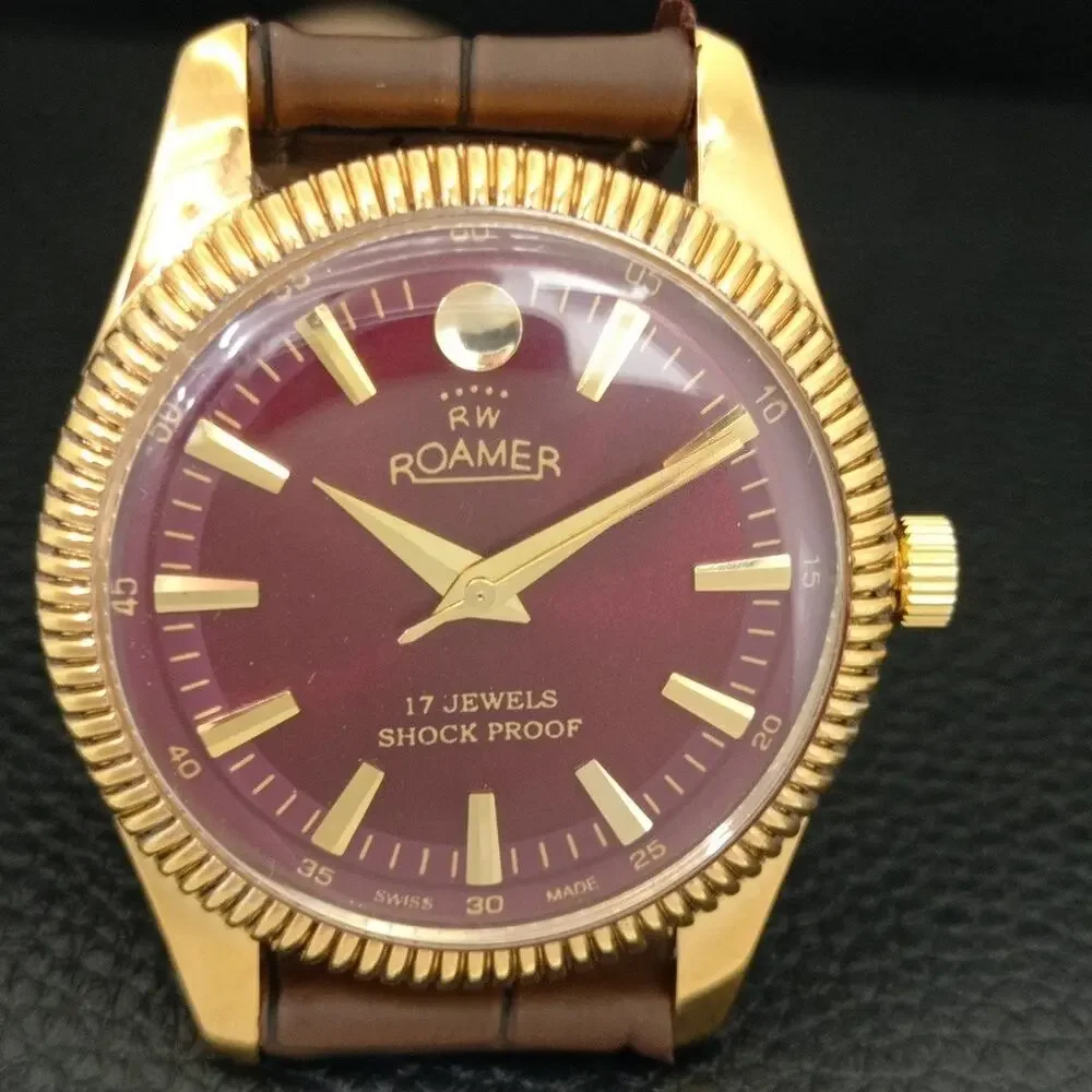 Vintage 1977 Roamer Manual Mens Gold Watch W/Leather Strap & Red accents